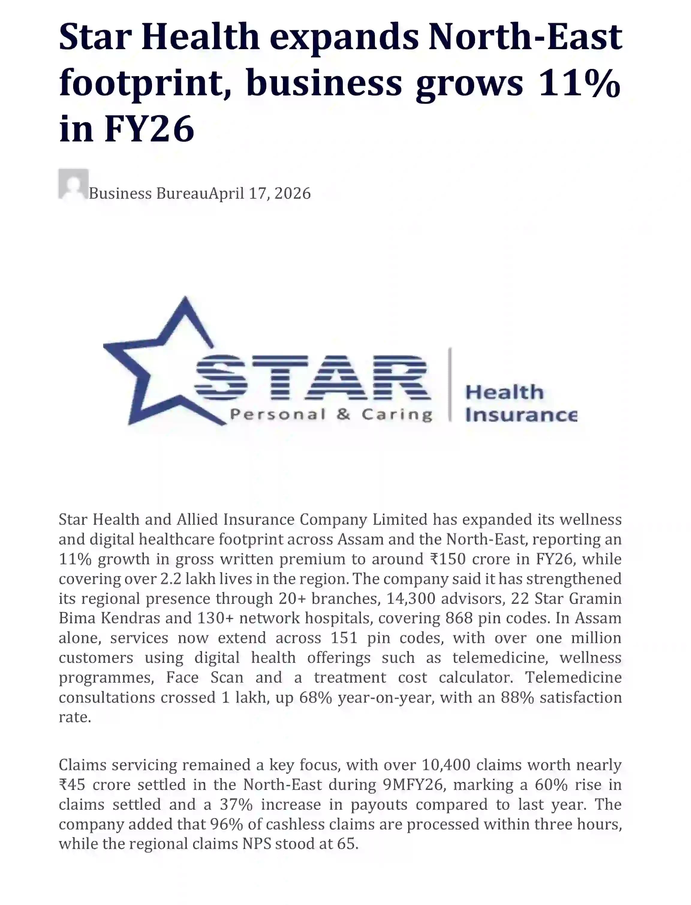 Star Health expands North-East footprint, business grows 11% in FY26