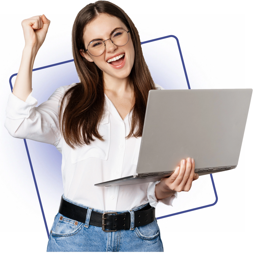 A woman smiling while holding a laptop, representing career opportunities.