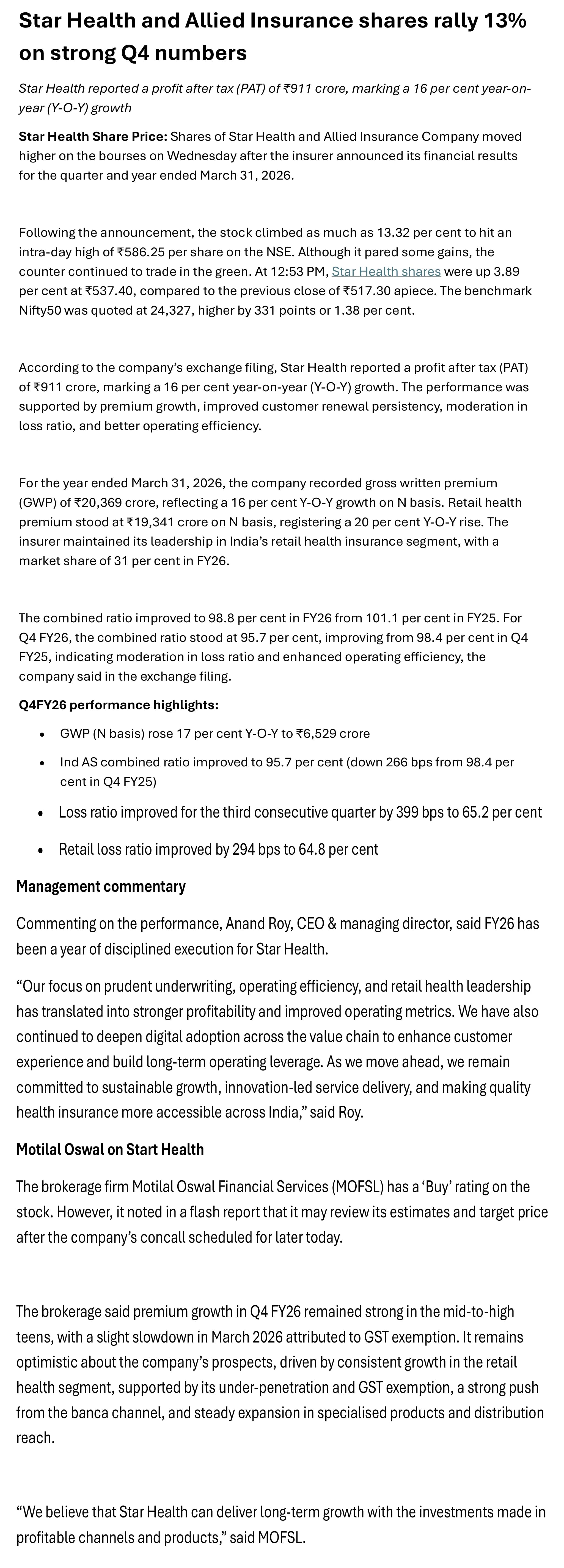 Star Health and Allied Insurance shares rally 13% on strong Q4 numbers