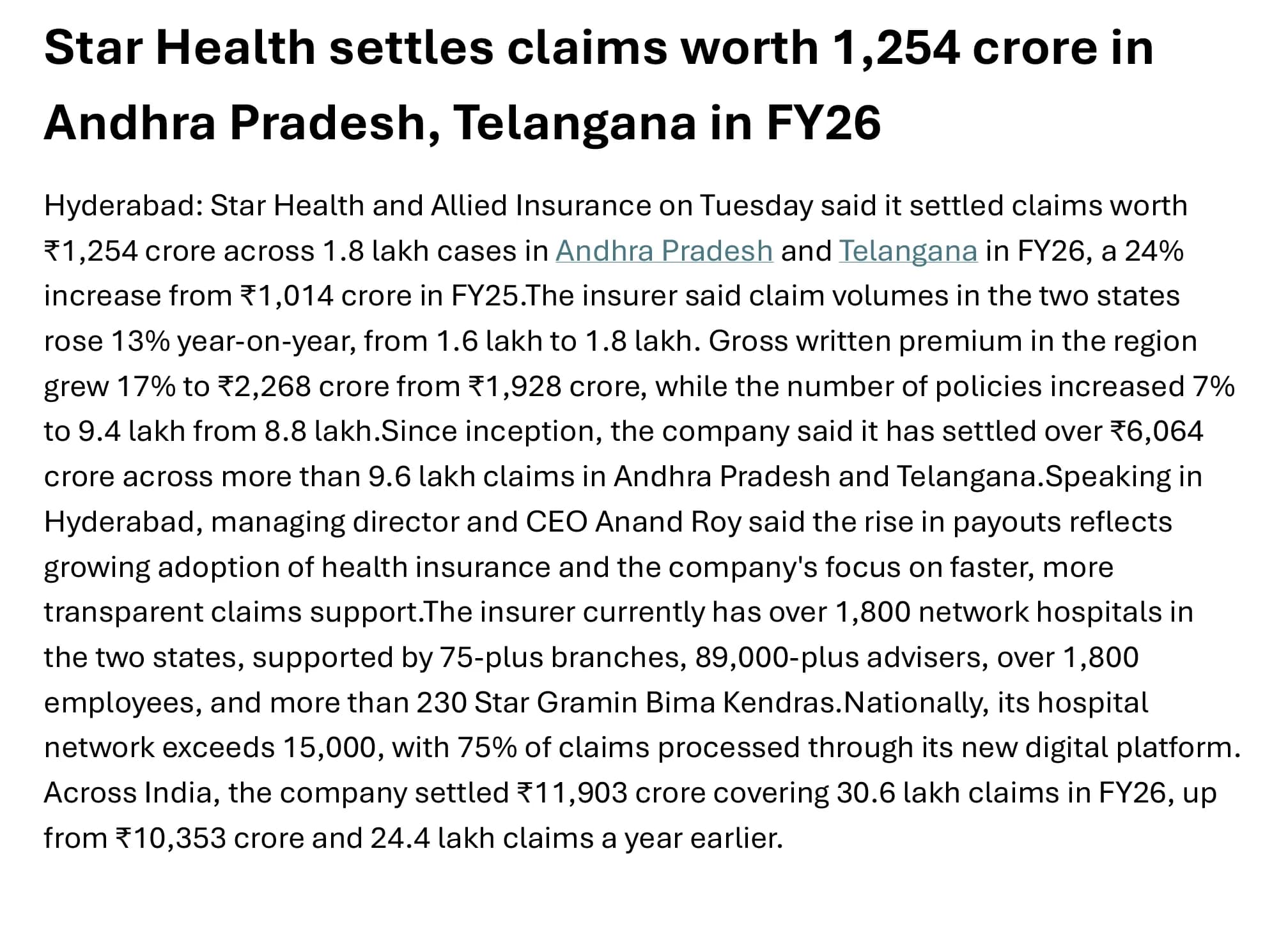 Star Health settles claims worth 1,254 crore in Andhra Pradesh, Telengana in FY26