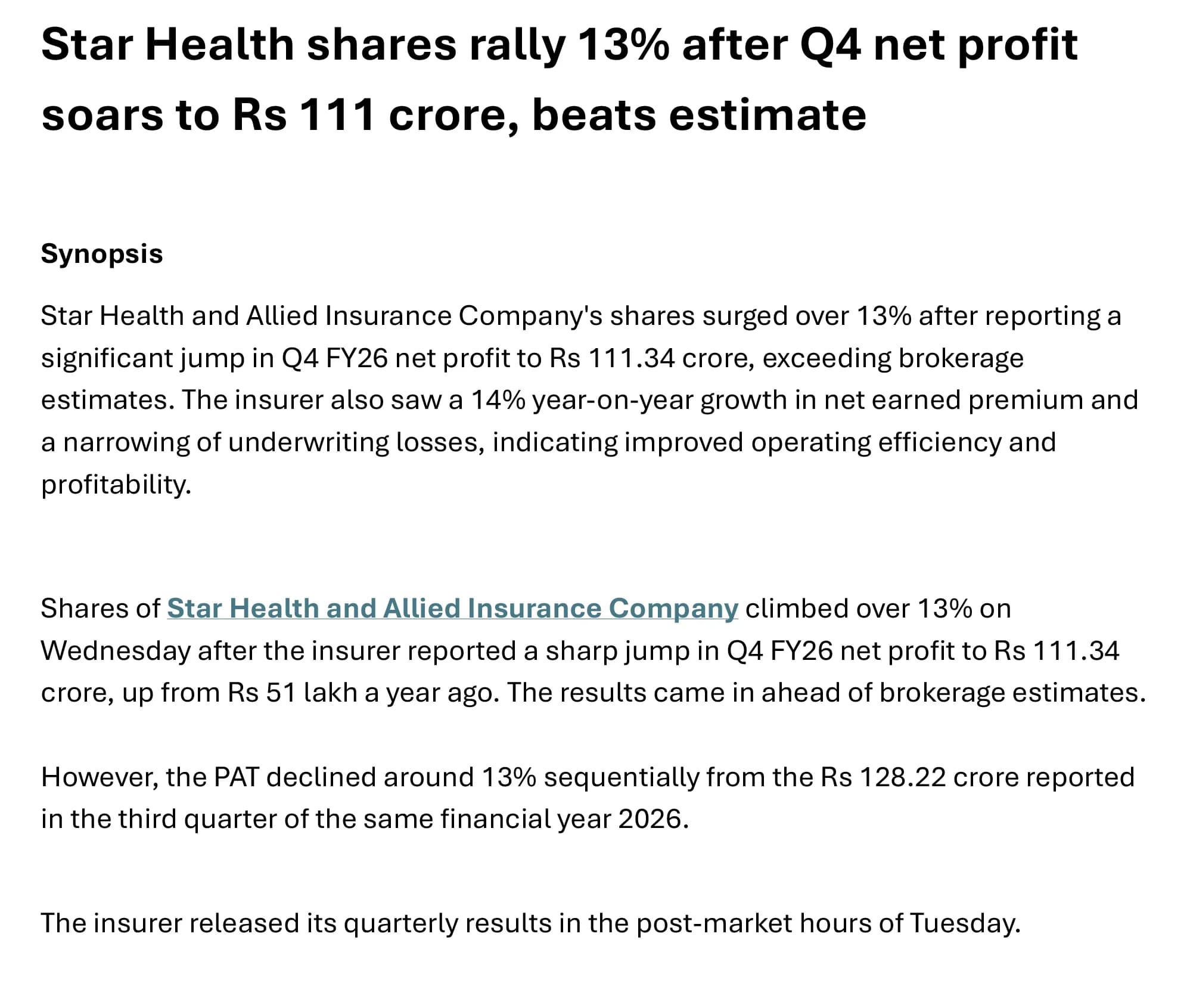 Star Health shares rally 13% after Q4 net profit soars to Rs 111 crore, beats estimate