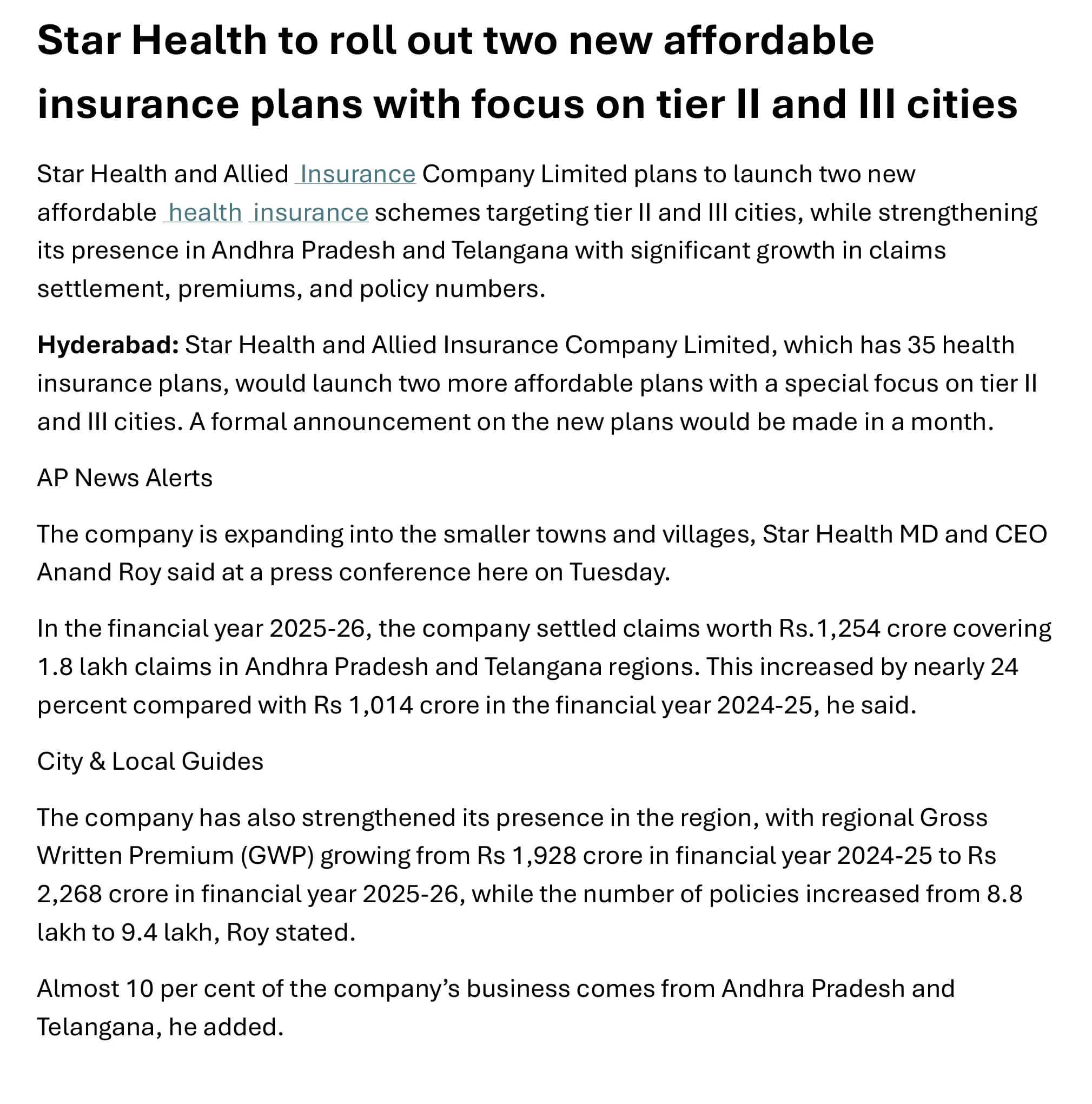 Star Health to roll out two new affordable insurance plans with focus on tier II and III cities